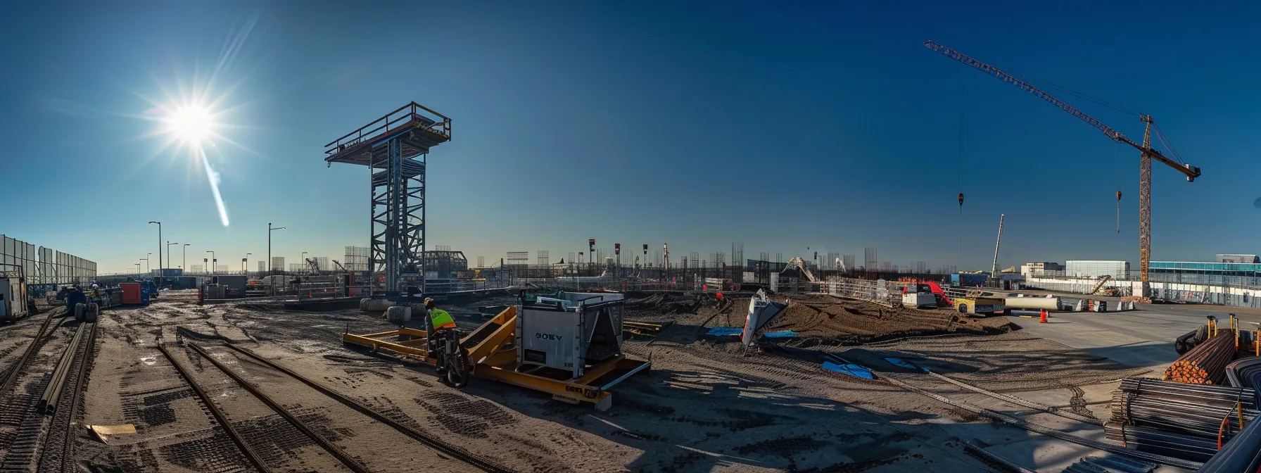 a man lift extension platform towering over a construction site, providing safe access to elevated areas.