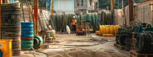 a man lift surrounded by a variety of durable, heavy-duty battery chargers and cables on a construction site.