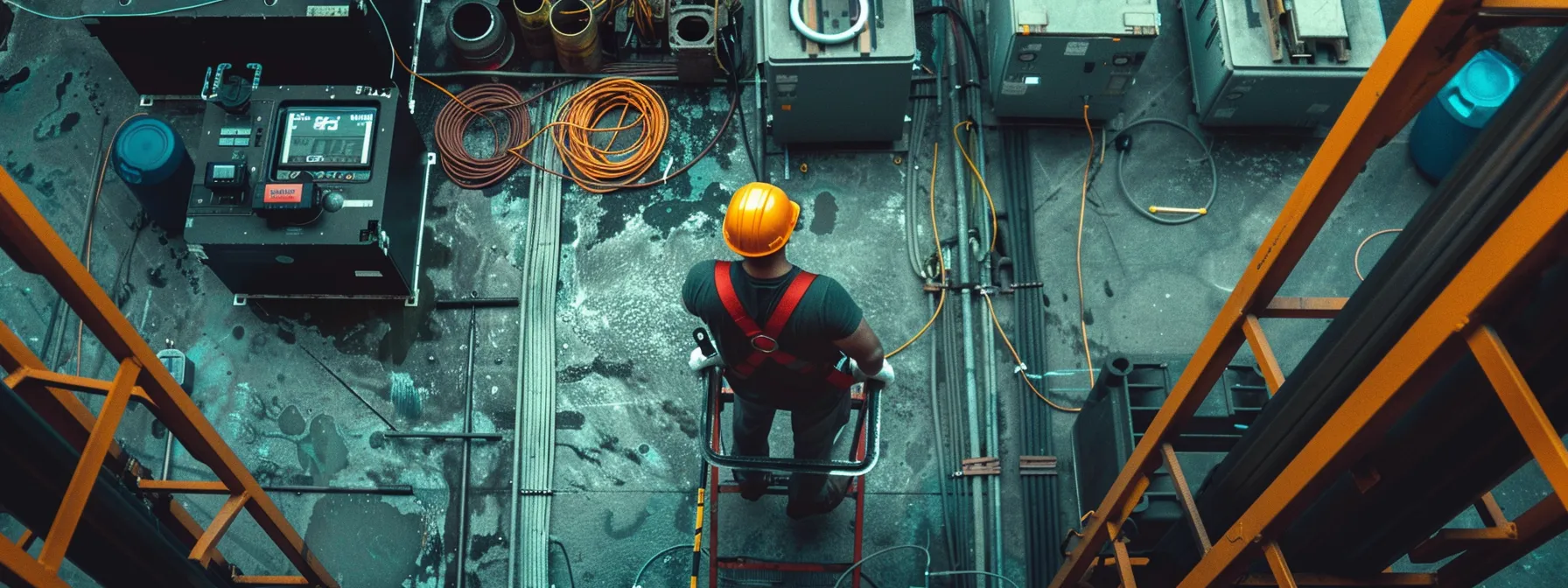 a man lift surrounded by battery watering systems, monitoring devices, cleaning kits, and protective accessories, highlighting the essential battery maintenance tools for optimal performance.