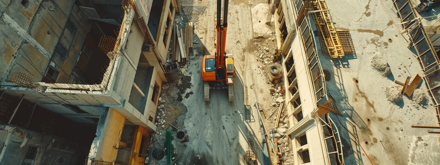 a man lift with extended fork extensions reaching high above a construction site.