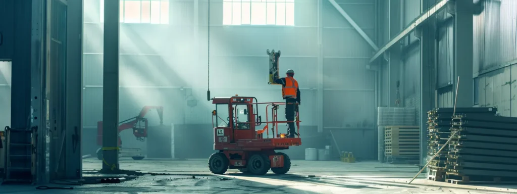 a man operating a man lift equipped with sturdy material handling attachments on a construction site.