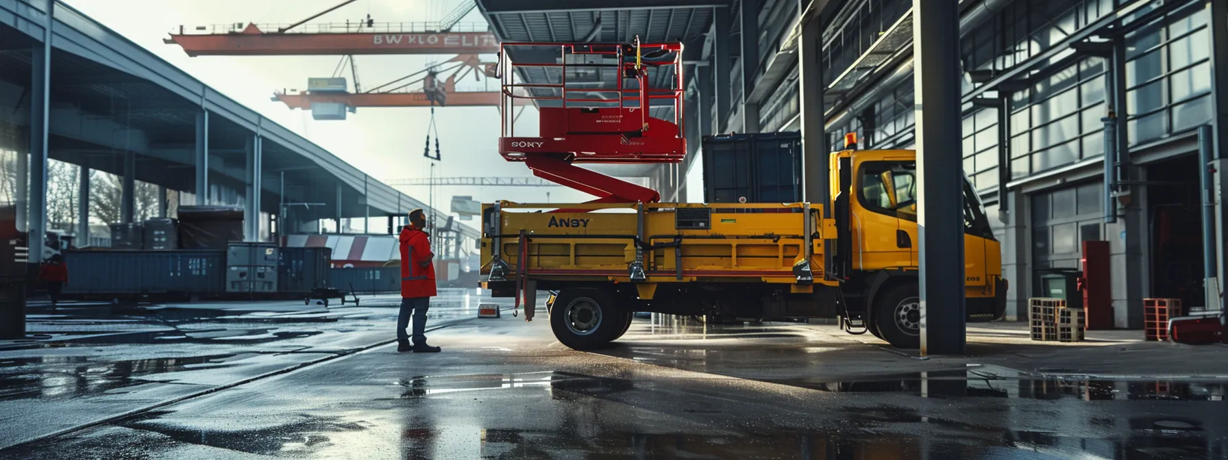 a man standing beside a truck loaded with a man lift, ready for self-pickup at a rental company's location.