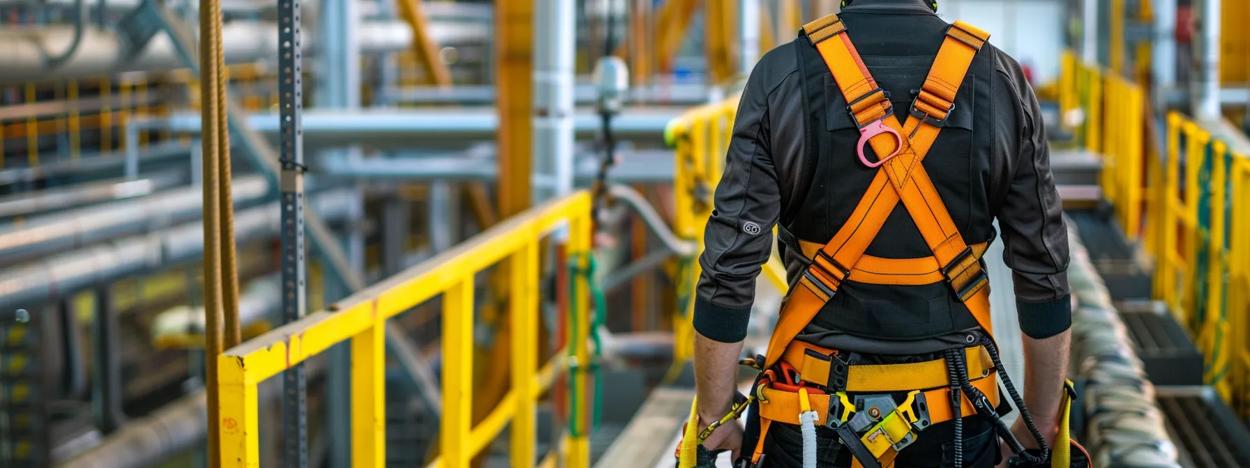 a man wearing a durable, comfortable safety harness accessory on an aerial work platform, surrounded by compatible equipment in a well-maintained environment.