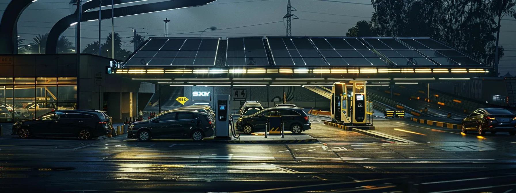 a sleek, modern charging station with solar panels on top, surrounded by a fleet of maintenance equipment, showcasing efficiency and eco-friendly solutions.