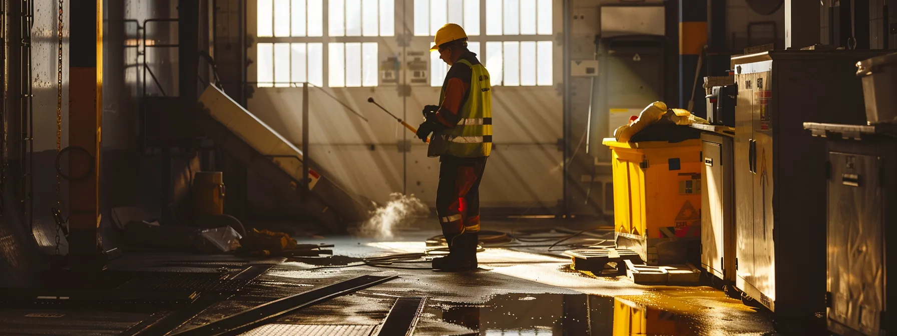 a technician in safety gear, with a spill containment kit nearby, ensuring ventilation while working on battery charging operations in a man lift maintenance setting.