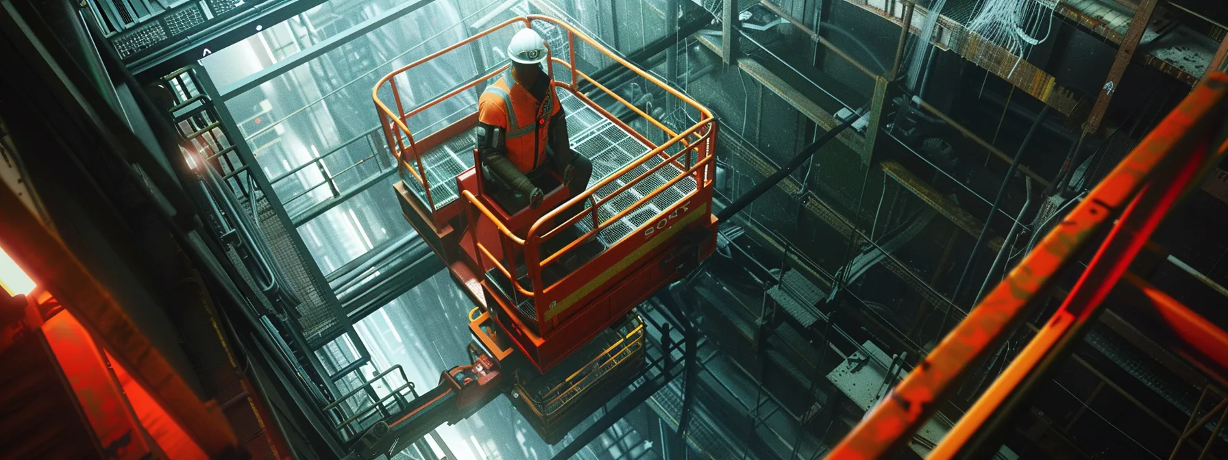 a towering construction worker comfortably fitting inside an expanded man lift basket, surrounded by additional workspace and enhanced functionality components.