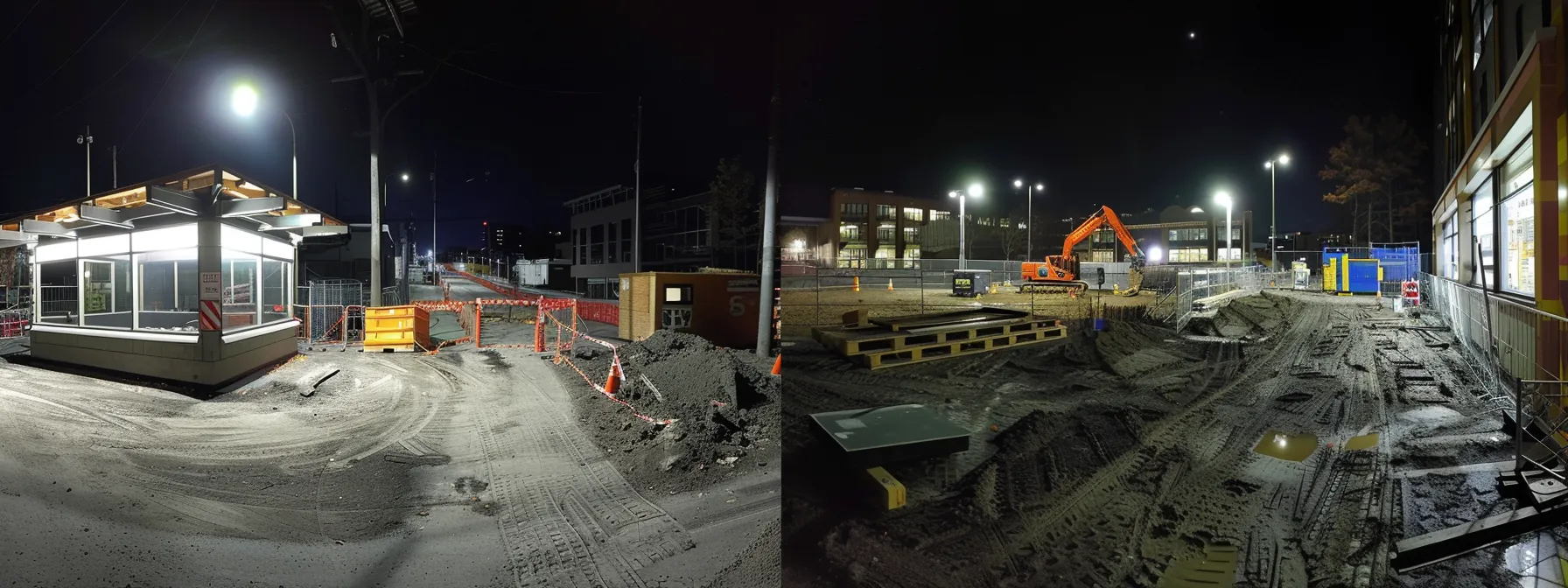 Exploring After-Hours Delivery Options for Man Lift Rentals 5 a well-lit construction site at night, with clear signage and safety protocols in place, preparing for an after-hours man lift delivery.