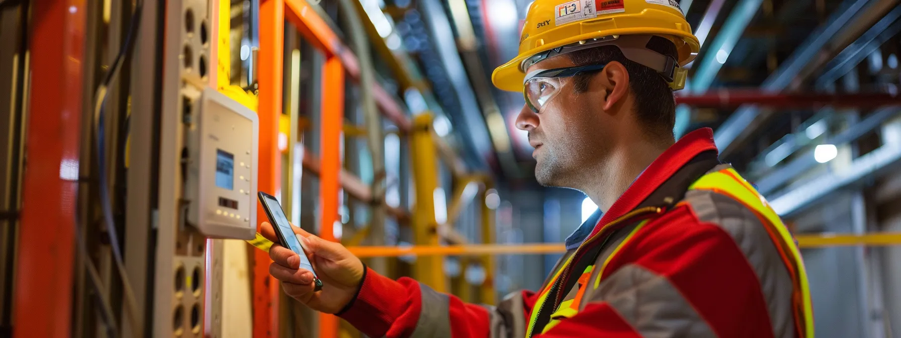 a worker carefully evaluating the compatibility and safety features of an electric man lift extension for a construction project.