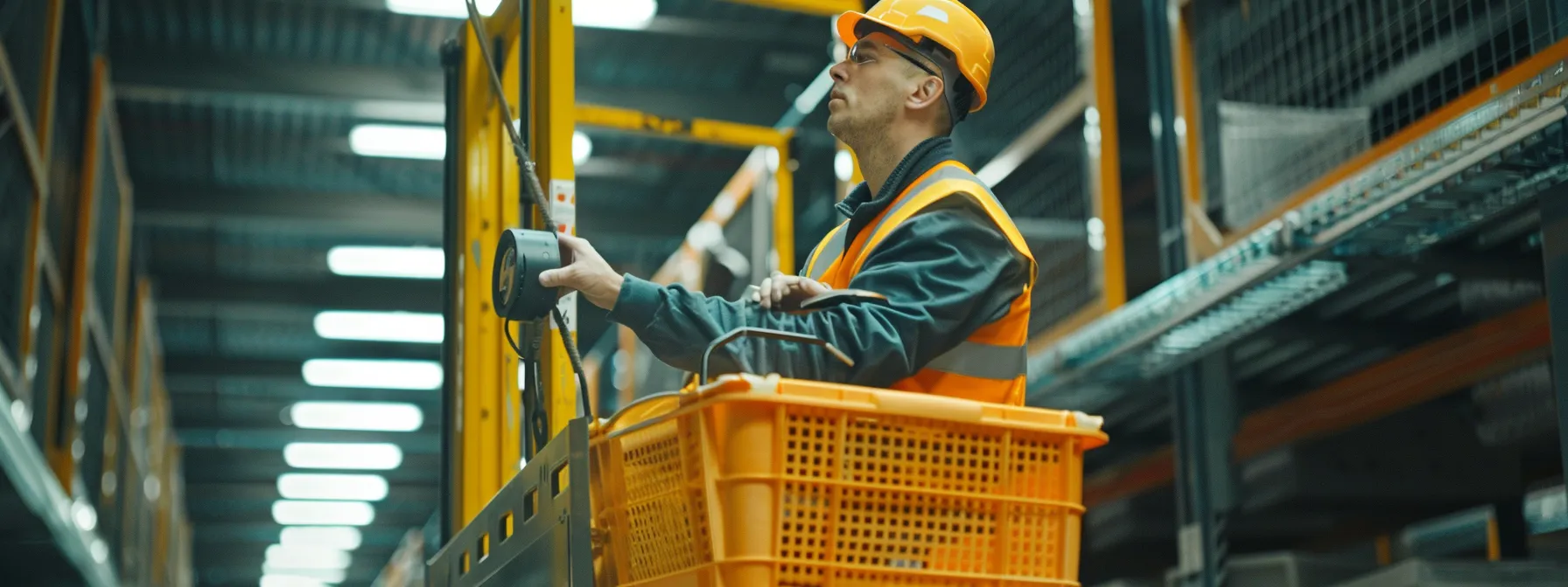 a worker carefully inspecting a compliant, enlarged man lift basket before use in a bustling industrial setting.