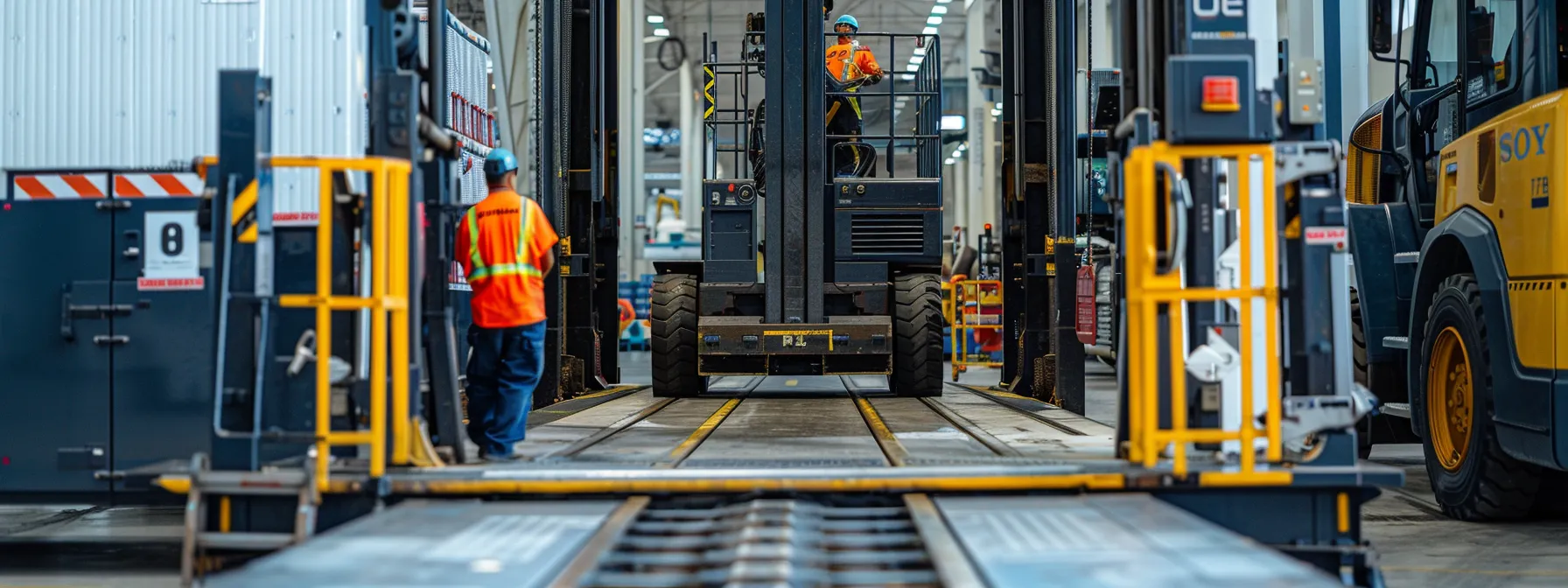 a worker carefully loading an innovative reach man lift onto a specialized vehicle, following strict safety regulations and transportation requirements.