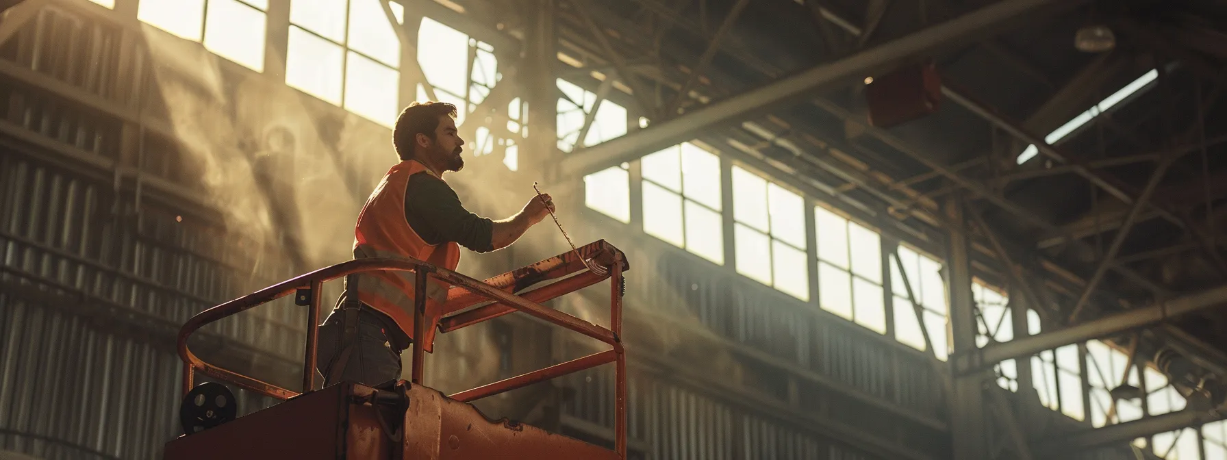 a worker carefully measures the height and reach specifications of a man lift against a warehouse backdrop.