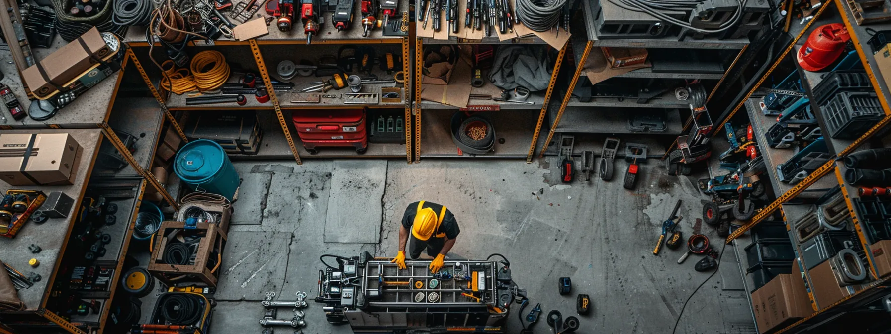 a worker carefully selecting various attachments for a man lift, surrounded by a range of options including forklift attachments, work platforms, and specialized tools for material handling.