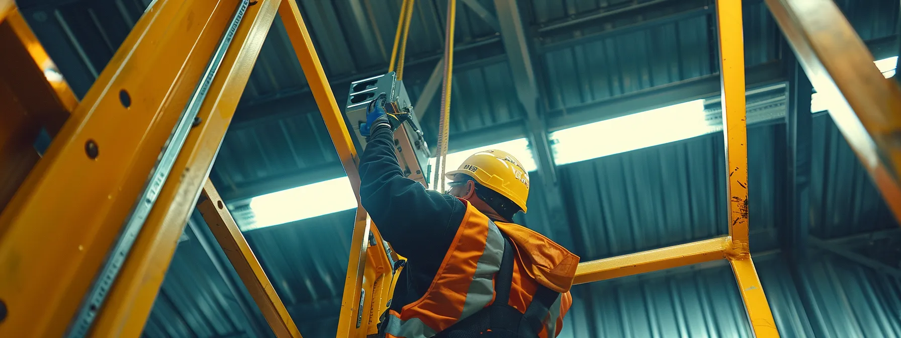 a worker conducting a thorough inspection of an electric man lift extension, ensuring compliance with safety guidelines.