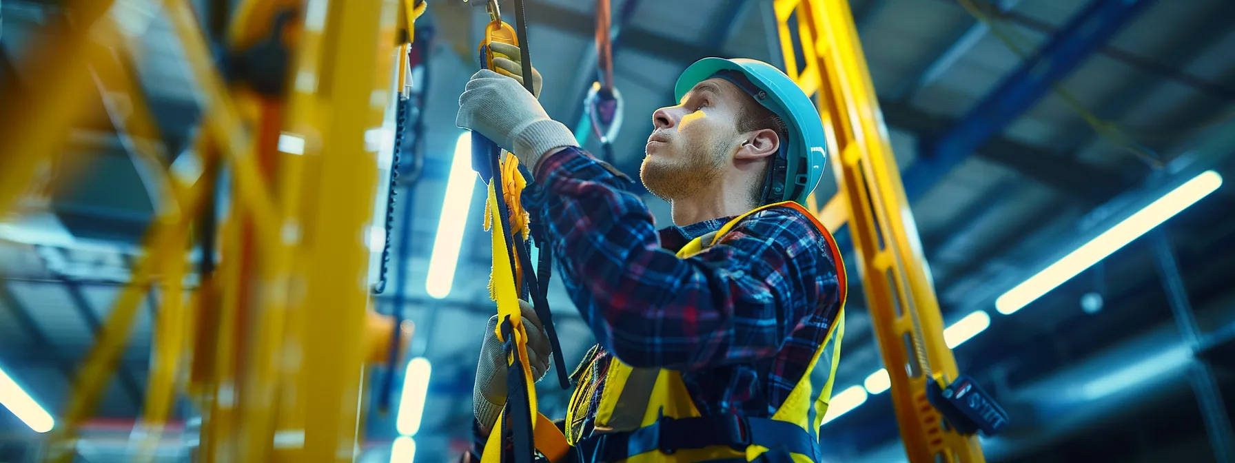 a worker confidently inspecting and adjusting a bright yellow safety harness accessory with precision for man lift operations.