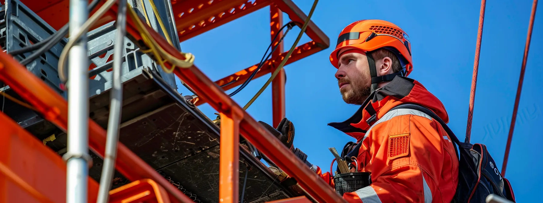 a worker confidently maneuvering on an expanded basket on a crane, surrounded by a spacious and secure work environment.