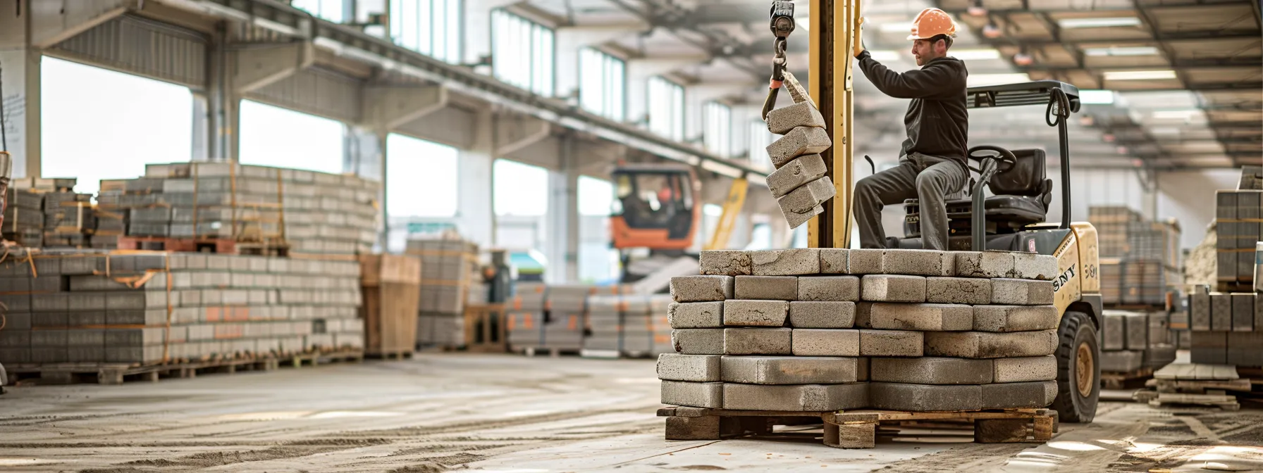 a worker effortlessly lifting bricks with a specialized attachment on a man lift, showcasing enhanced safety and efficiency in construction operations.