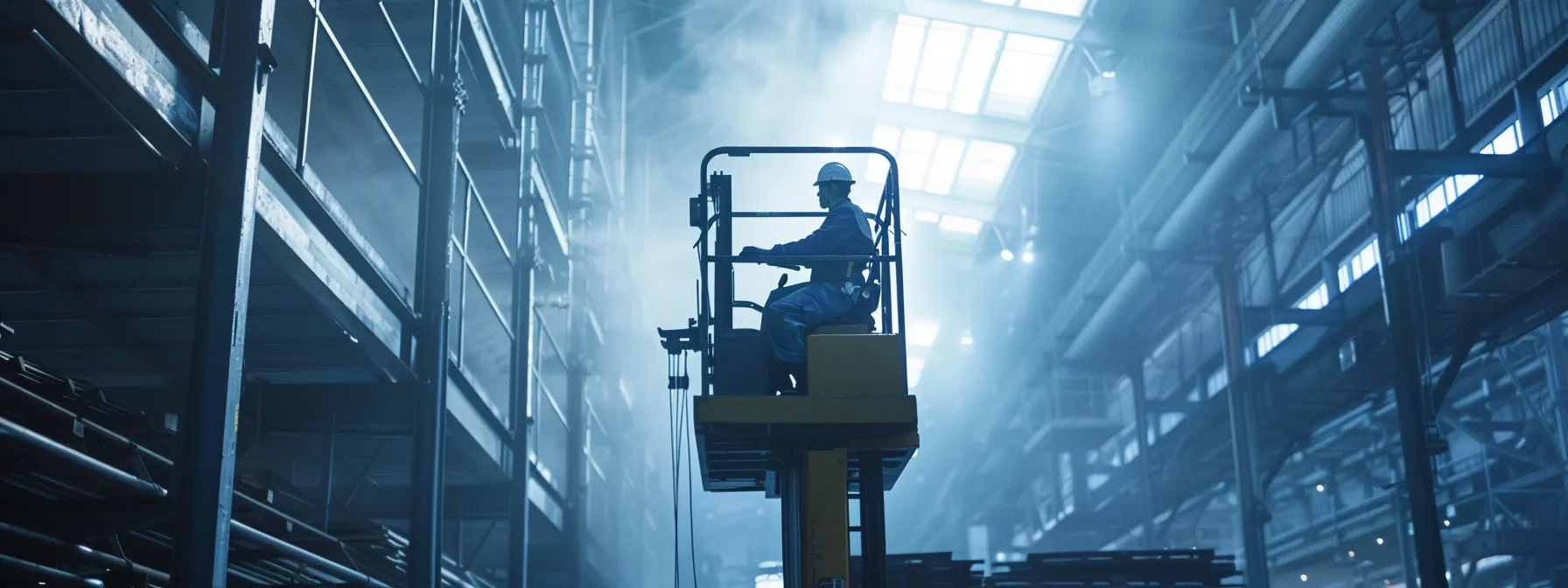 a worker effortlessly reaching heights on an electric man lift with fork extensions in a bustling warehouse setting.