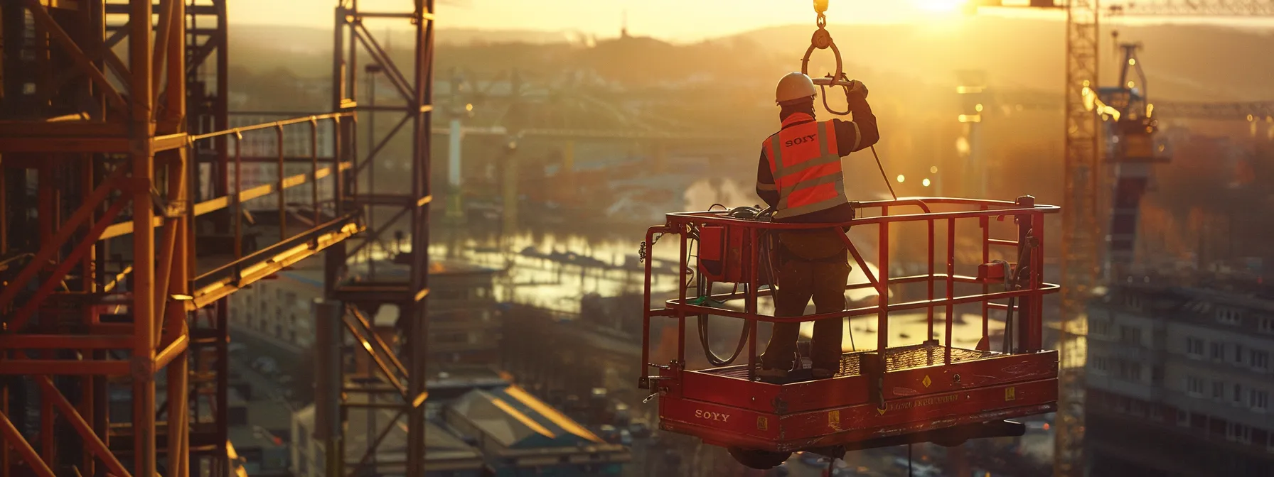 a worker effortlessly reaching high heights on a hydraulic man lift attachment, with a backdrop of a construction site showcasing efficiency and safety.