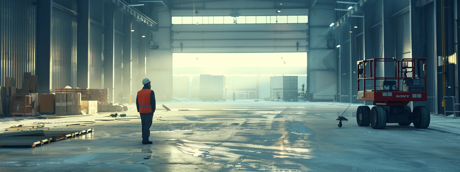 a worker evaluating a spacious construction site, choosing the perfect man lift for efficient project scheduling.