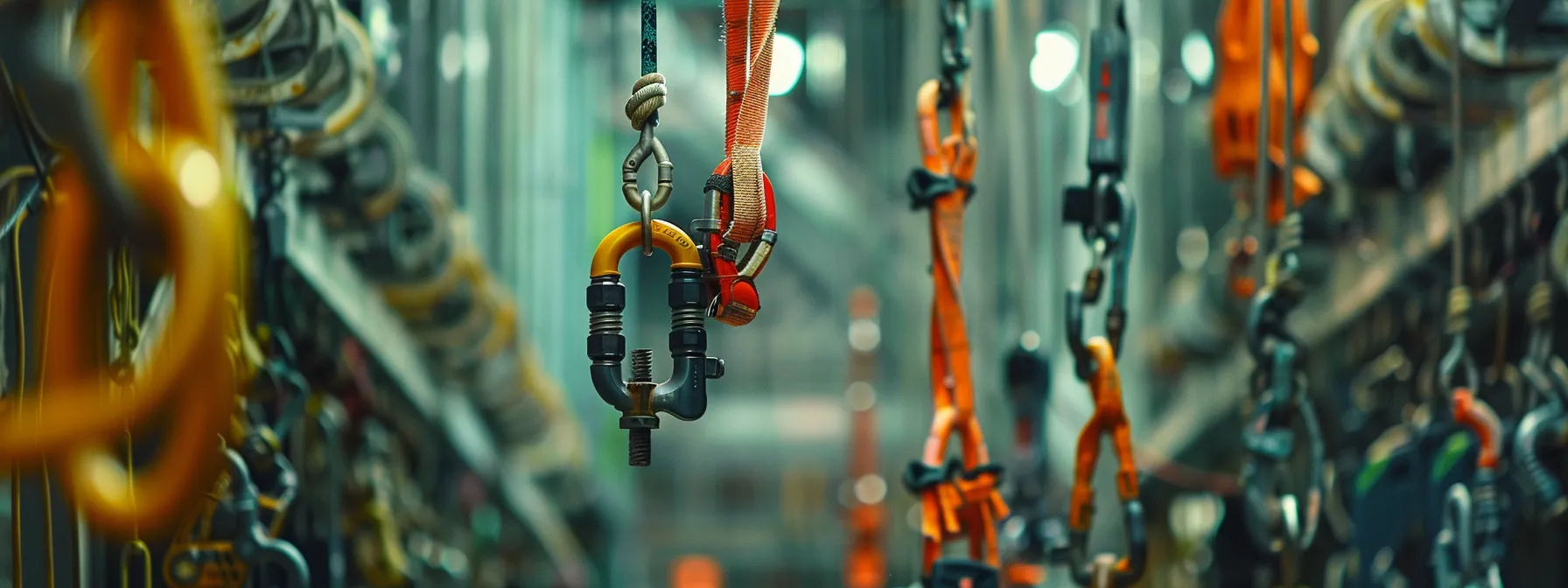 a worker in a safety harness attached to a lifeline, with a shock absorber dangling below, set against a backdrop of different anchorage connectors and tool lanyards on a construction site.