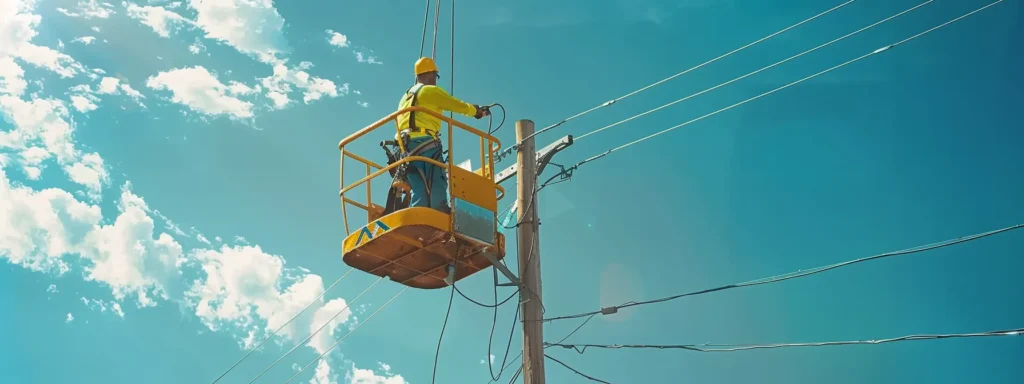 a worker in a yellow hard hat operating a towering electric man lift under a sunny blue sky.