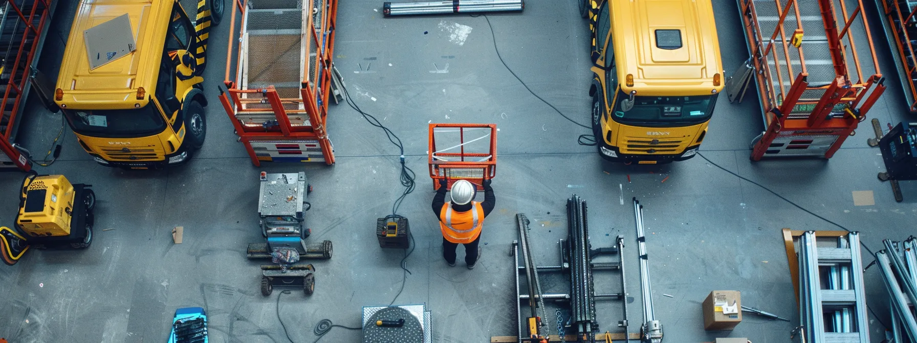 a worker inspecting a sturdy, high-reaching man lift extension platform, surrounded by various models and manufacturers for comparison.