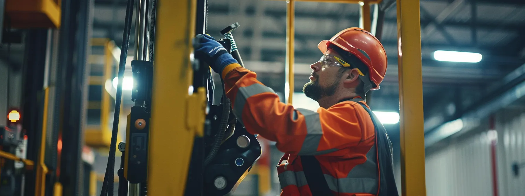 a worker meticulously inspecting a hydraulic man lift attachment, ensuring proper use and maintenance practices are followed.