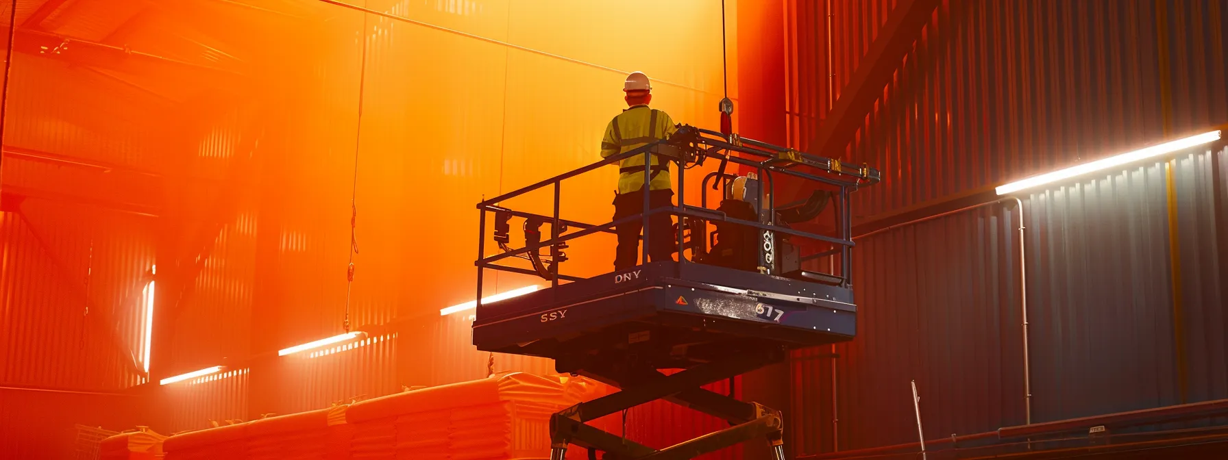 a worker safely operating a modern man lift extension platform with advanced stabilization features and osha-trained ground operators overseeing the task.