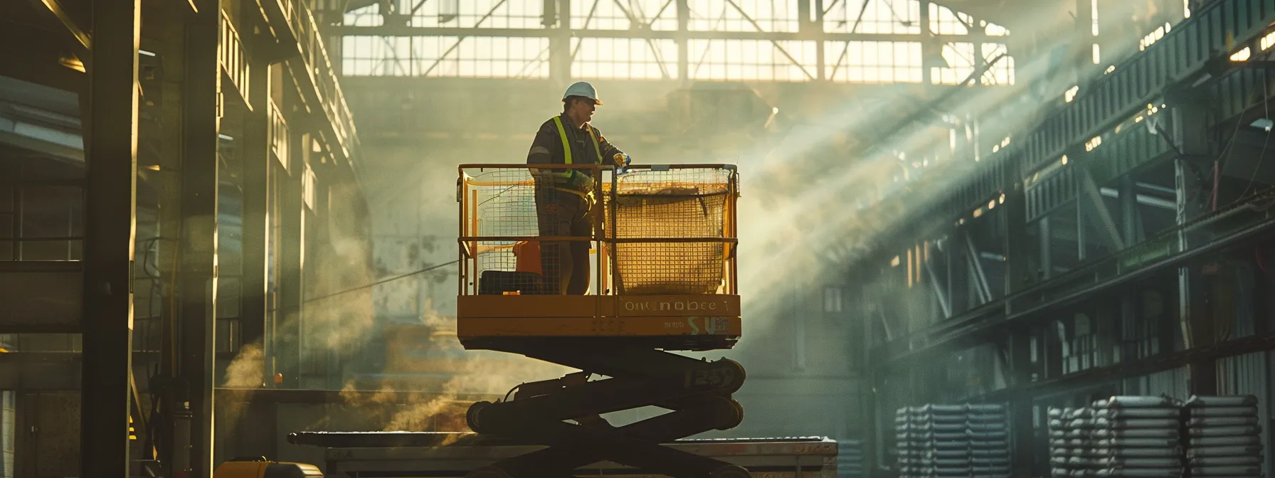 a worker safely operating a scissor lift with an enlarged basket in a bustling industrial setting.