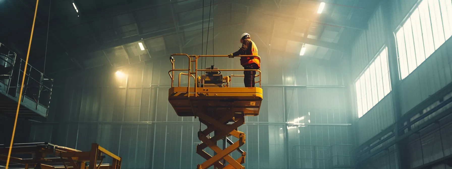 a worker standing on an extended electric man lift, reaching high above industrial machinery with ease.