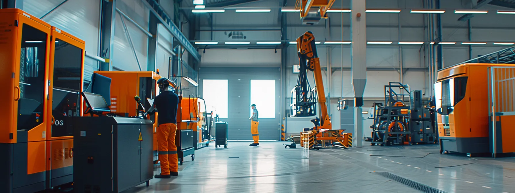 a worker training session on new material handling attachments for man lifts, with maintenance tools scattered around and efficiency monitors in the background.