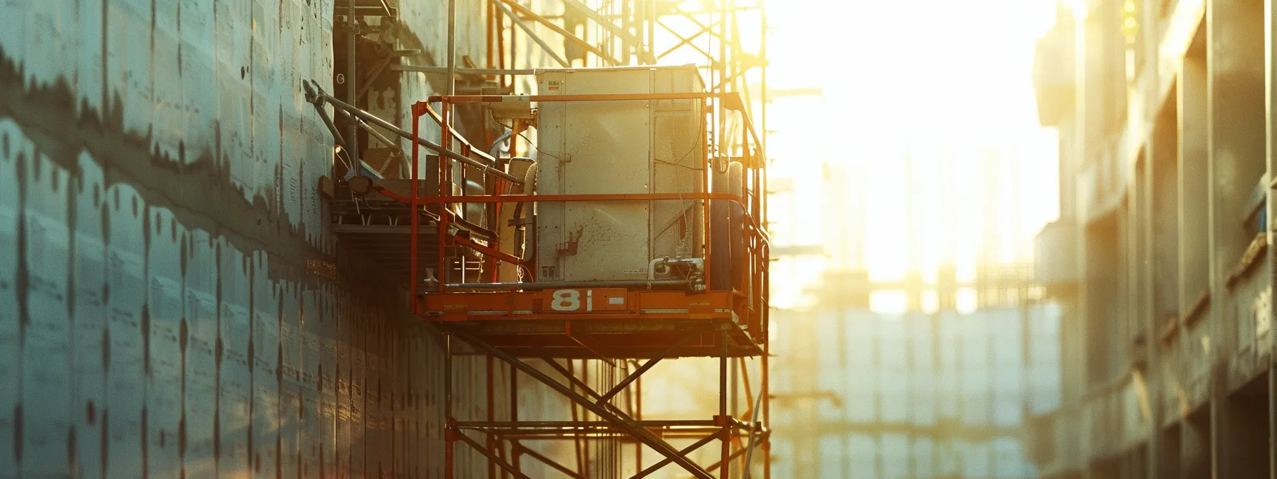 a worker using a man lift extension platform to reach an elevated construction site, showcasing increased reach and height capabilities.