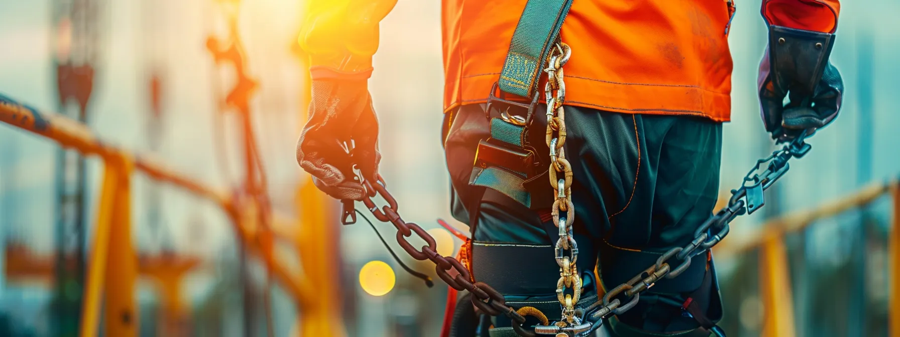 a worker wearing a safety harness with a sturdy steel chain attached to an anchor point high up in the air, ensuring their safety in a man lift operation.