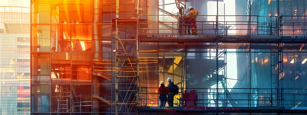 workers on towering man lift extension platforms reaching high above a construction site.