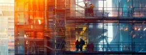 workers on towering man lift extension platforms reaching high above a construction site.