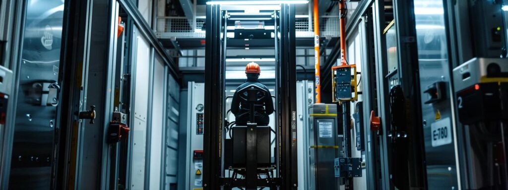 Best Practices for Understanding OSHA Manlift Safety Guidelines 2 a high-contrast office environment features a sleek manlift in operation, with a safety helmet and protective gear prominently displayed, highlighting the importance of adherence to osha guidelines for safe machinery use.