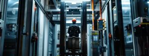 a high-contrast office environment features a sleek manlift in operation, with a safety helmet and protective gear prominently displayed, highlighting the importance of adherence to osha guidelines for safe machinery use.