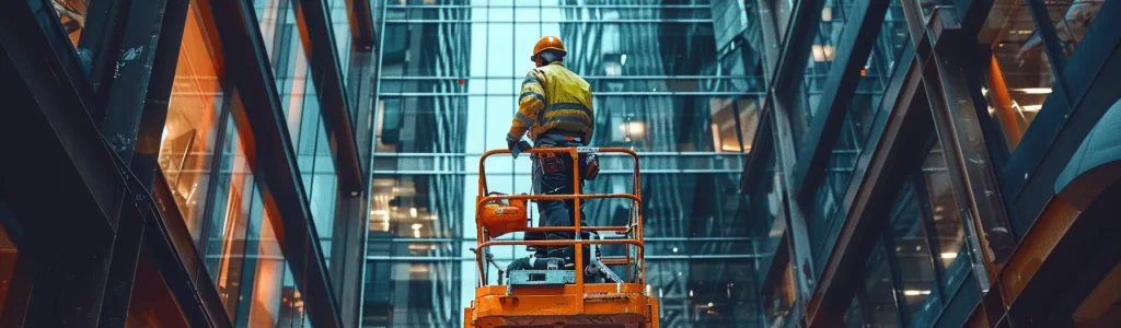 a worker high up on a cherry picker, navigating through a maze of construction beams in a bustling city environment.