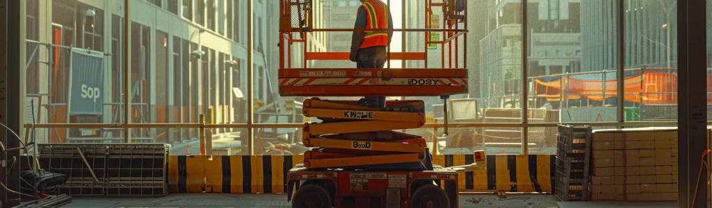 a man confidently operating a scissor lift at a construction site, surrounded by safety gear and caution signs.