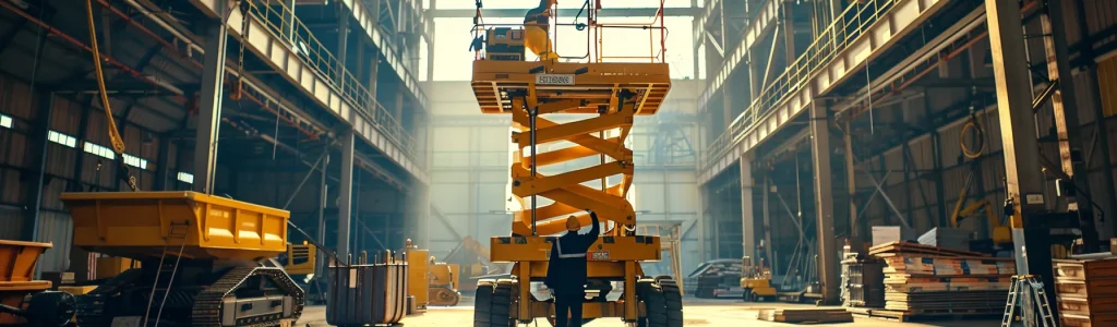 a man inspecting a sturdy, yellow scissor lift against a backdrop of construction equipment and materials.