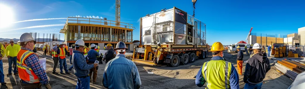 a construction site with a large man lift being loaded onto a truck for pickup, surrounded by workers in hard hats and safety gear.