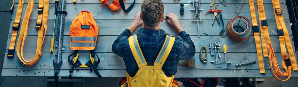 a man inspecting a sturdy, bright yellow safety harness, with various safety accessories laid out neatly on a workbench.