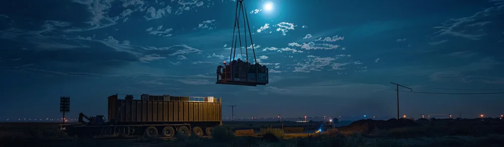 a man lift being delivered under the glowing moonlight to a construction site.