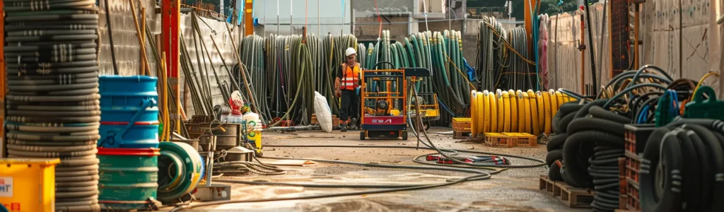 a man lift surrounded by a variety of durable, heavy-duty battery chargers and cables on a construction site.