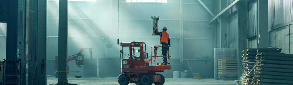 a man operating a man lift equipped with sturdy material handling attachments on a construction site.