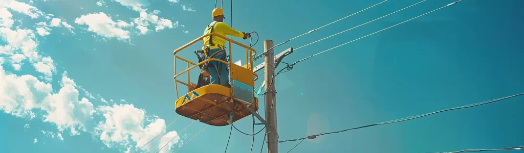 a worker in a yellow hard hat operating a towering electric man lift under a sunny blue sky.