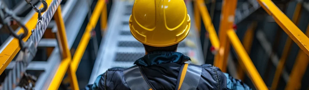 a construction worker wearing a bright yellow hard hat carefully inspecting the safety harness of a man lift before operation.