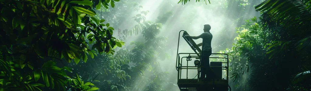 a man operating a large, electric-powered man lift in a lush, green forest clearing.