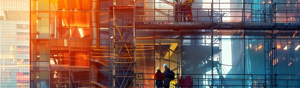 workers on towering man lift extension platforms reaching high above a construction site.